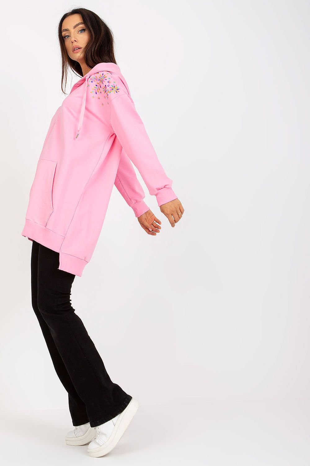 Long-Sleeved Zippered Sweatshirt with Hood and Embroidered Shoulders