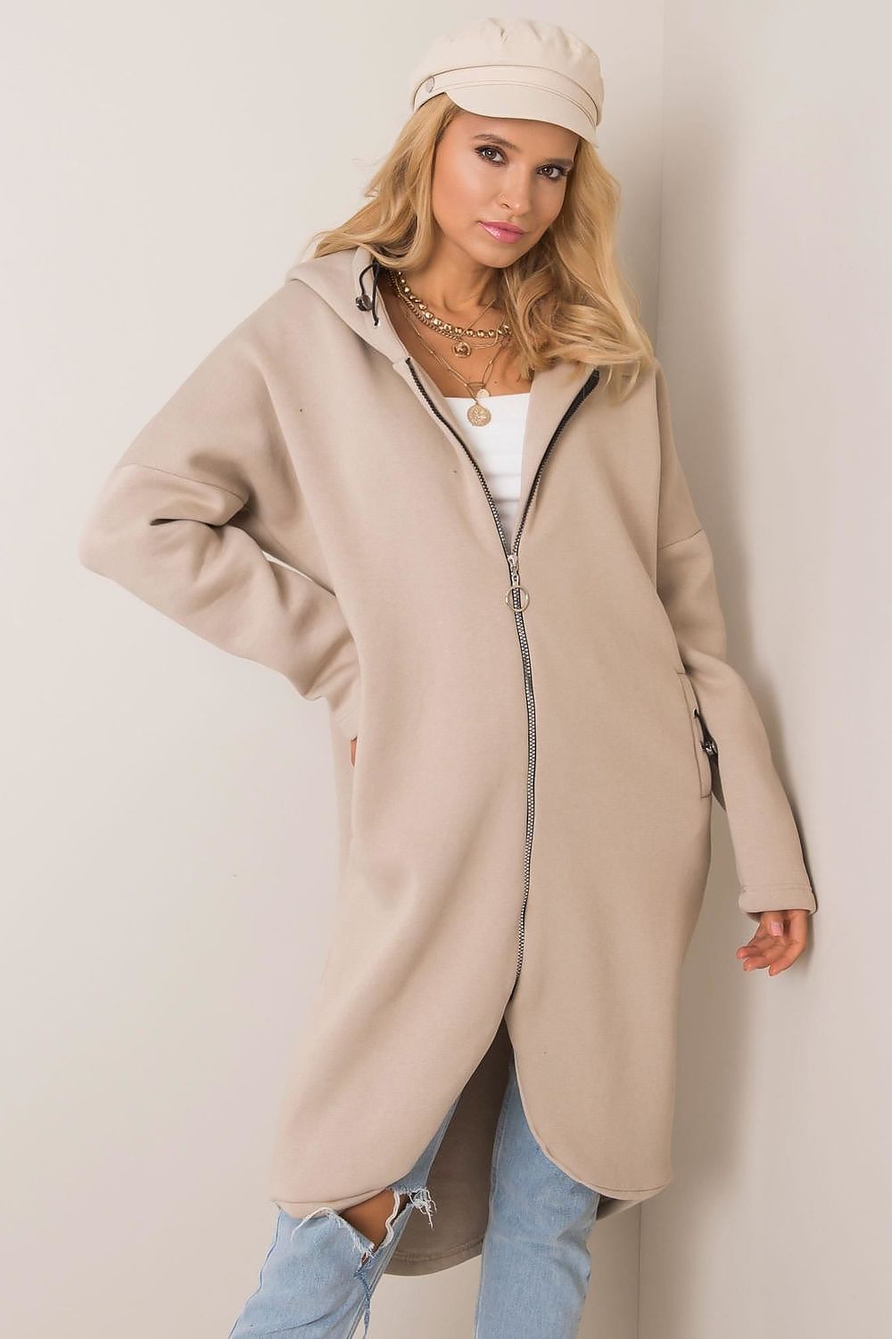 Elongated Zip-Up Sweatshirt with Hood and Side Pockets