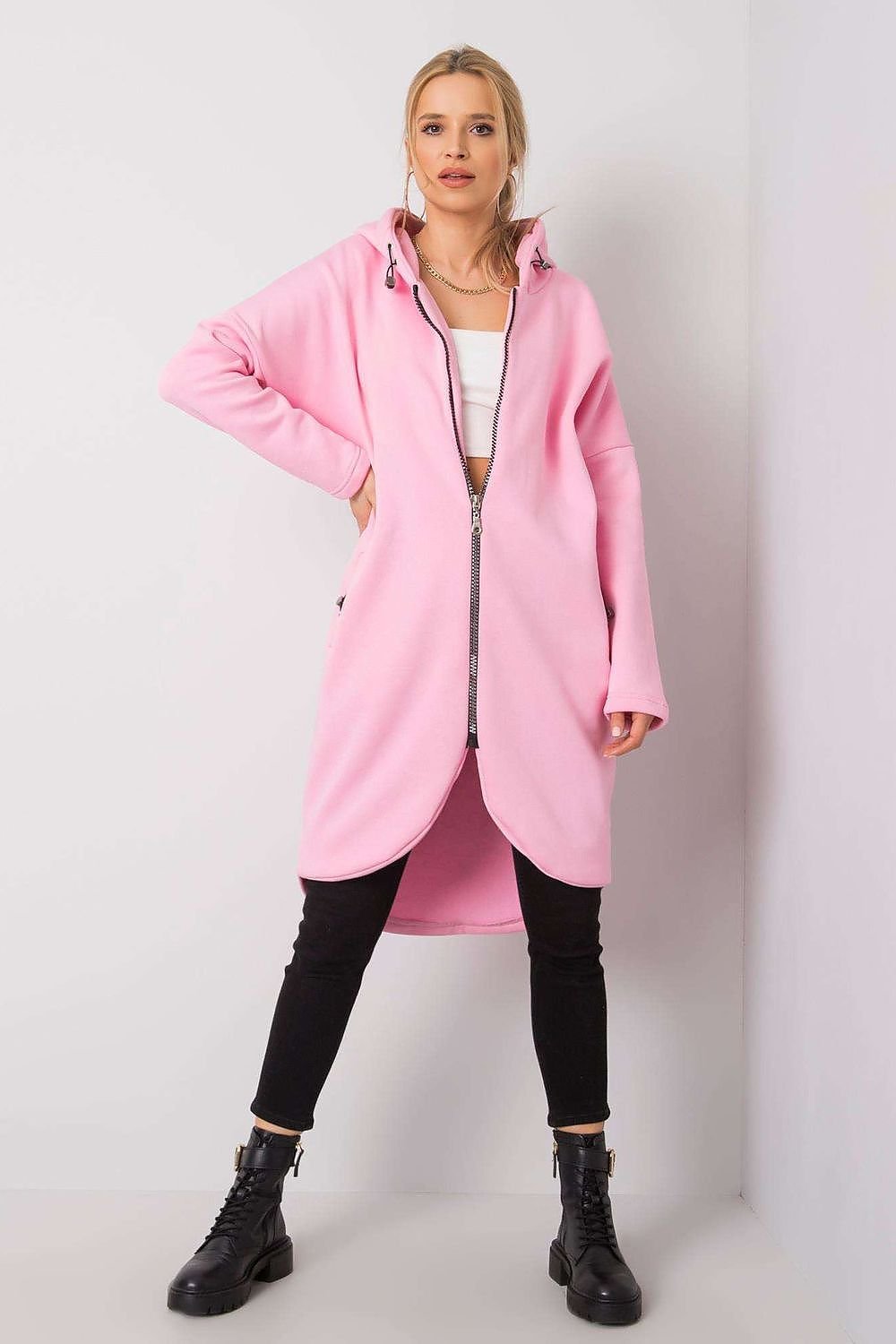 Elongated Zip-Up Sweatshirt with Hood and Side Pockets