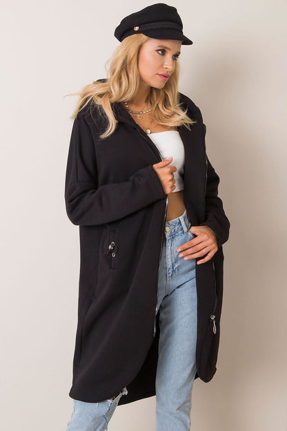 Elongated Zip-Up Sweatshirt with Hood and Side Pockets