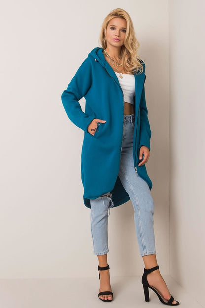 A long-fit blue zippered sweatshirt with an attached hood, long sleeves, and convenient side slip-in pockets. Perfect for relaxed, casual wear.






