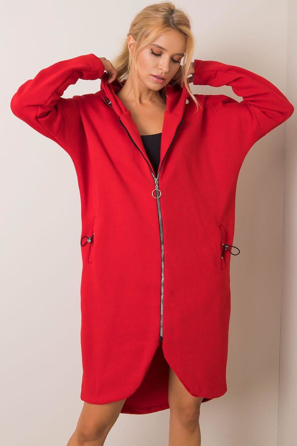 Elongated Zip-Up Sweatshirt with Hood and Side Pockets