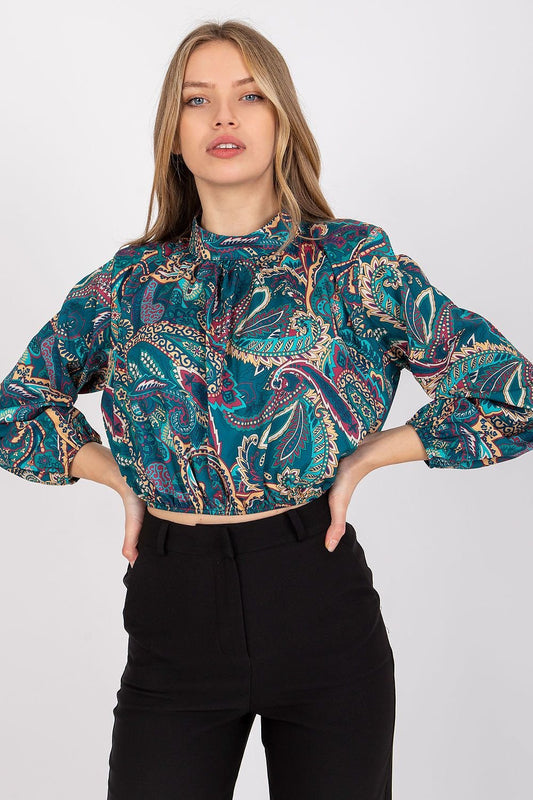 Chic short blouse with long sleeves and a stand-up collar, perfect for everyday wear and beyond.