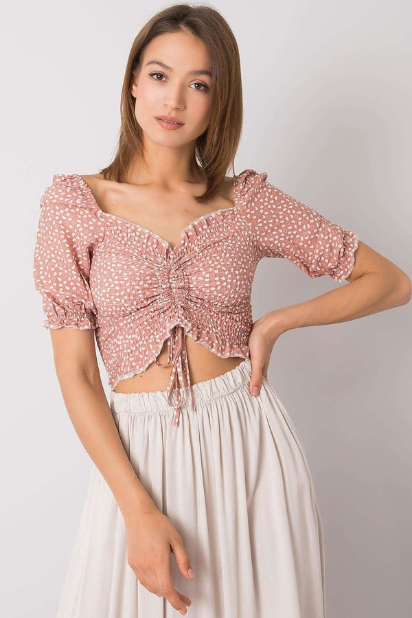 Fitted Short Blouse with V-Neck, Creases, and Front Binding