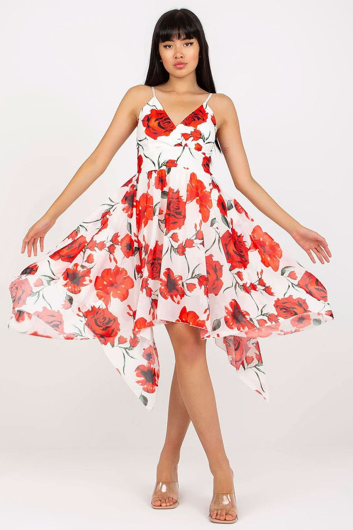 Roses Floral Summer Dress with Adjustable Straps and Asymmetrical Hem - Ludowika 