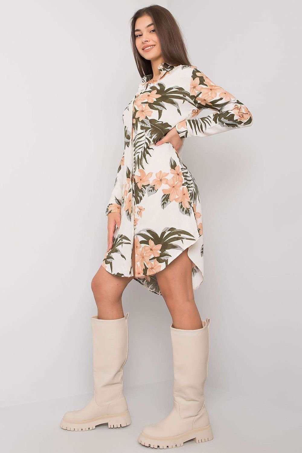 Floral Buttoned Long-Sleeve Dress