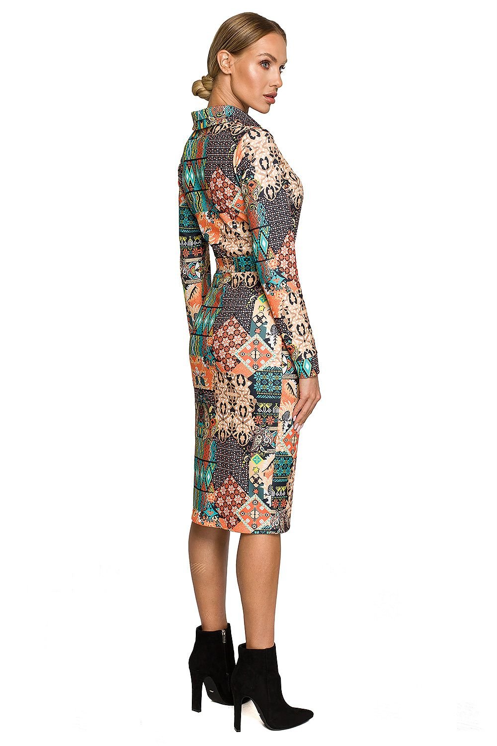 Multicolor Print Pencil Midi Dress with Collar and Waist Tie