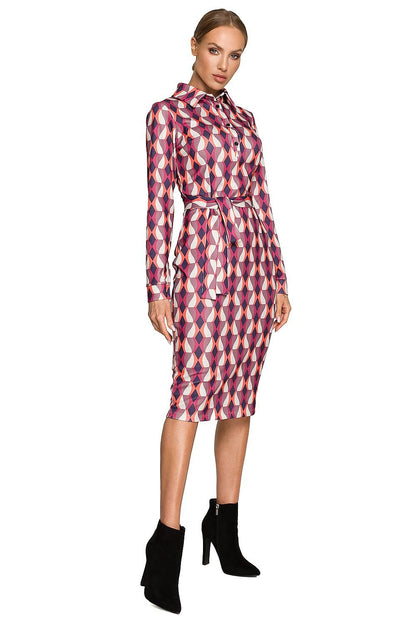 Multicolor Print Pencil Midi Dress with Collar and Waist Tie