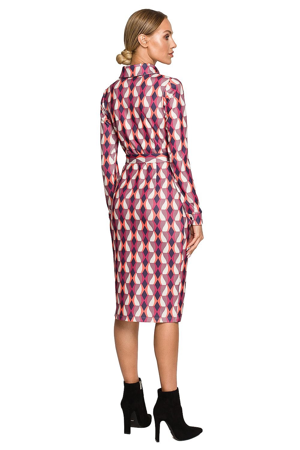 Multicolor Print Pencil Midi Dress with Collar and Waist Tie