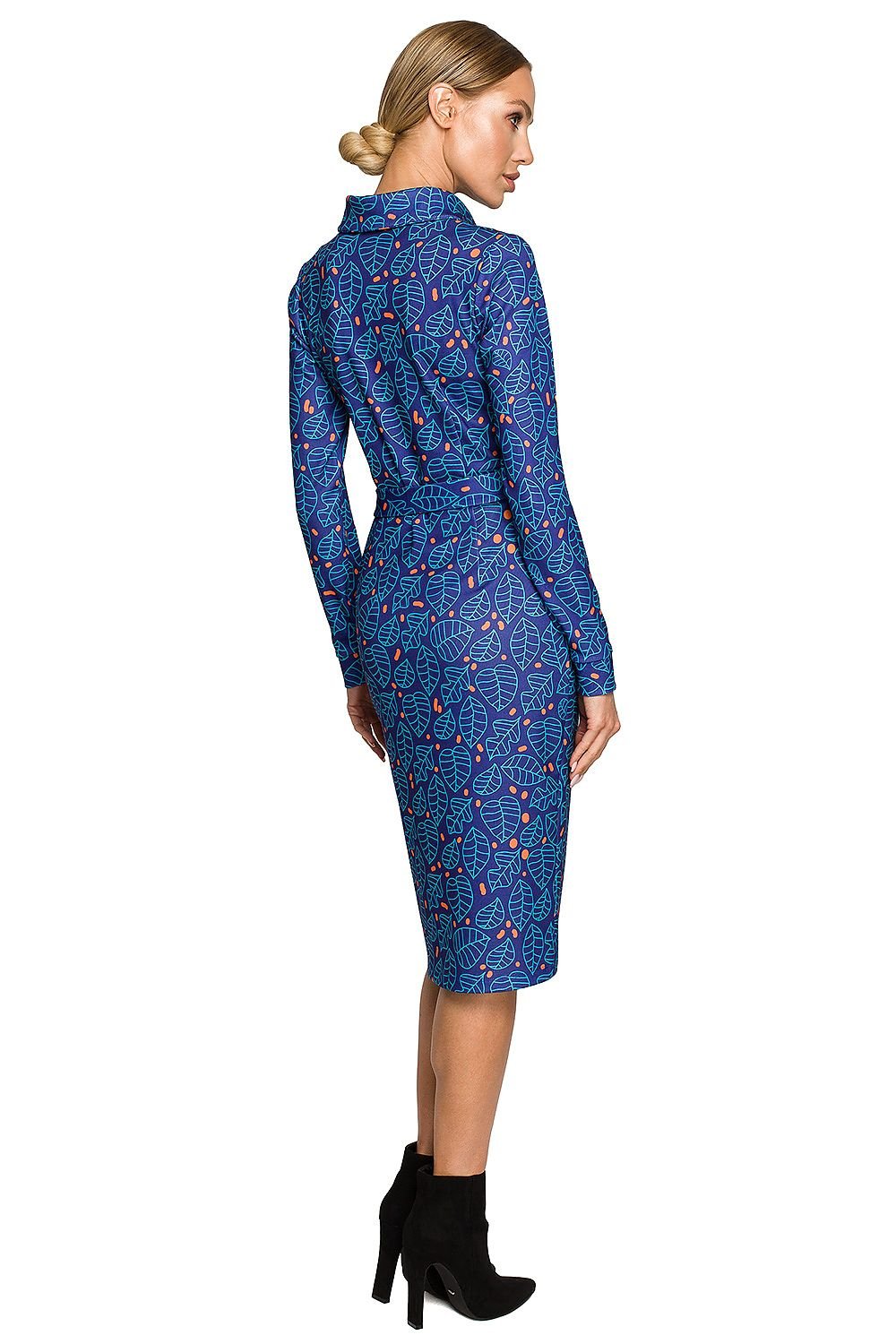 Multicolor Print Pencil Midi Dress with Collar and Waist Tie