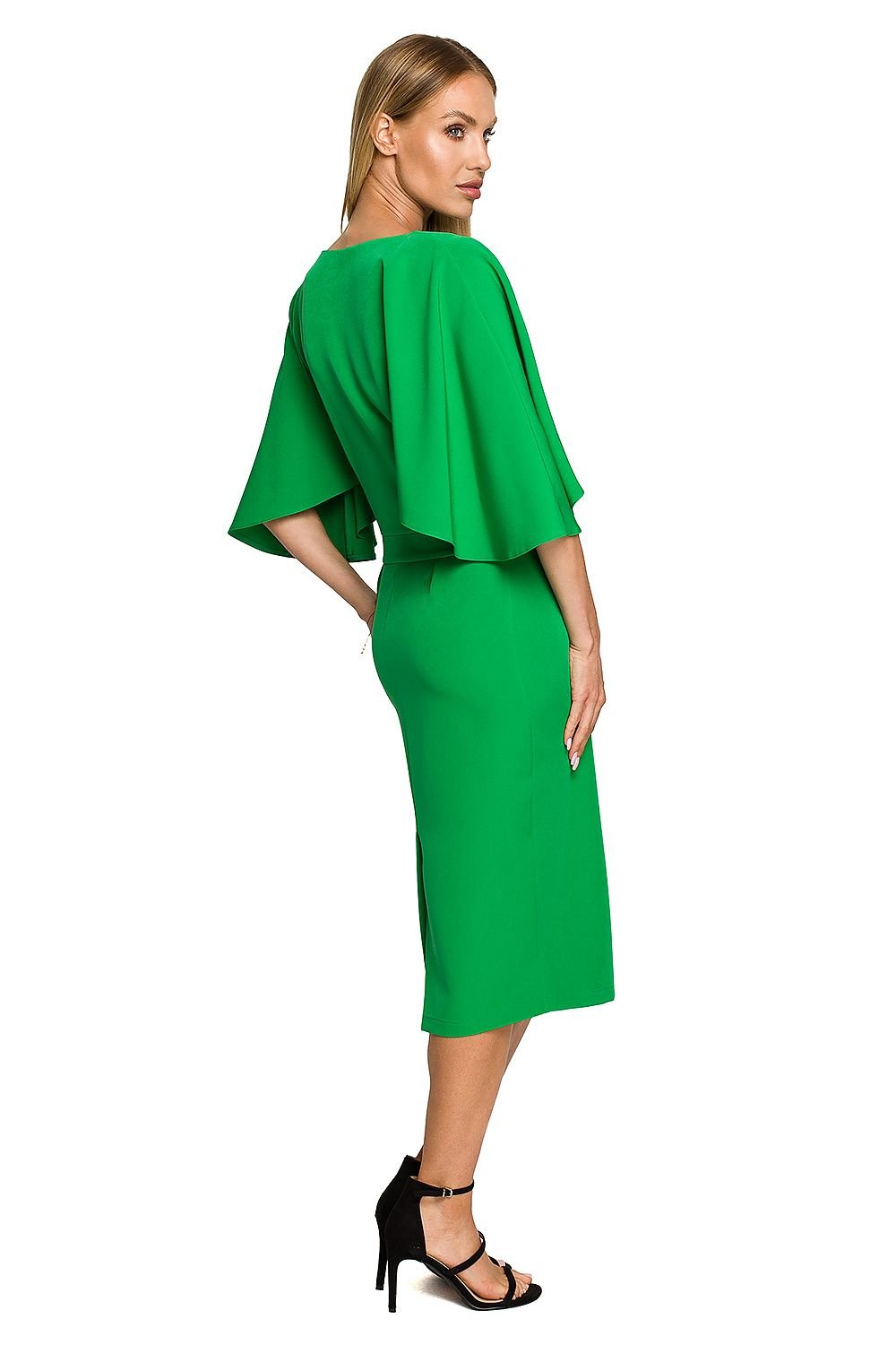 Knee-Length Dress with Ruffled Sleeves and Fitted Skirt