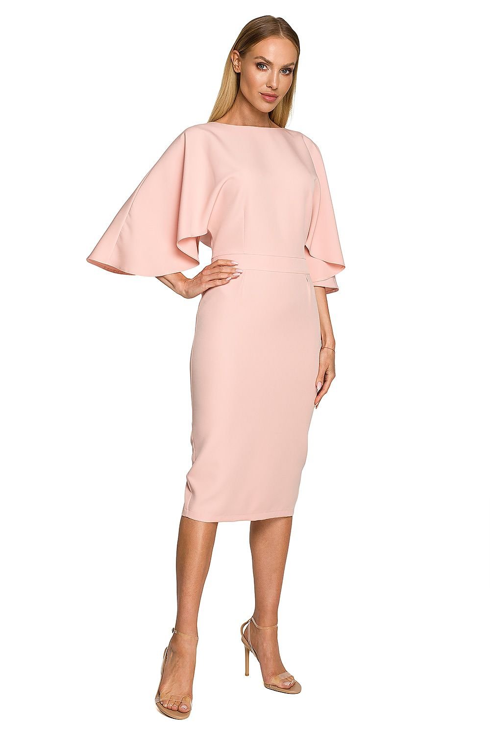 Knee-Length Dress with Ruffled Sleeves and Fitted Skirt