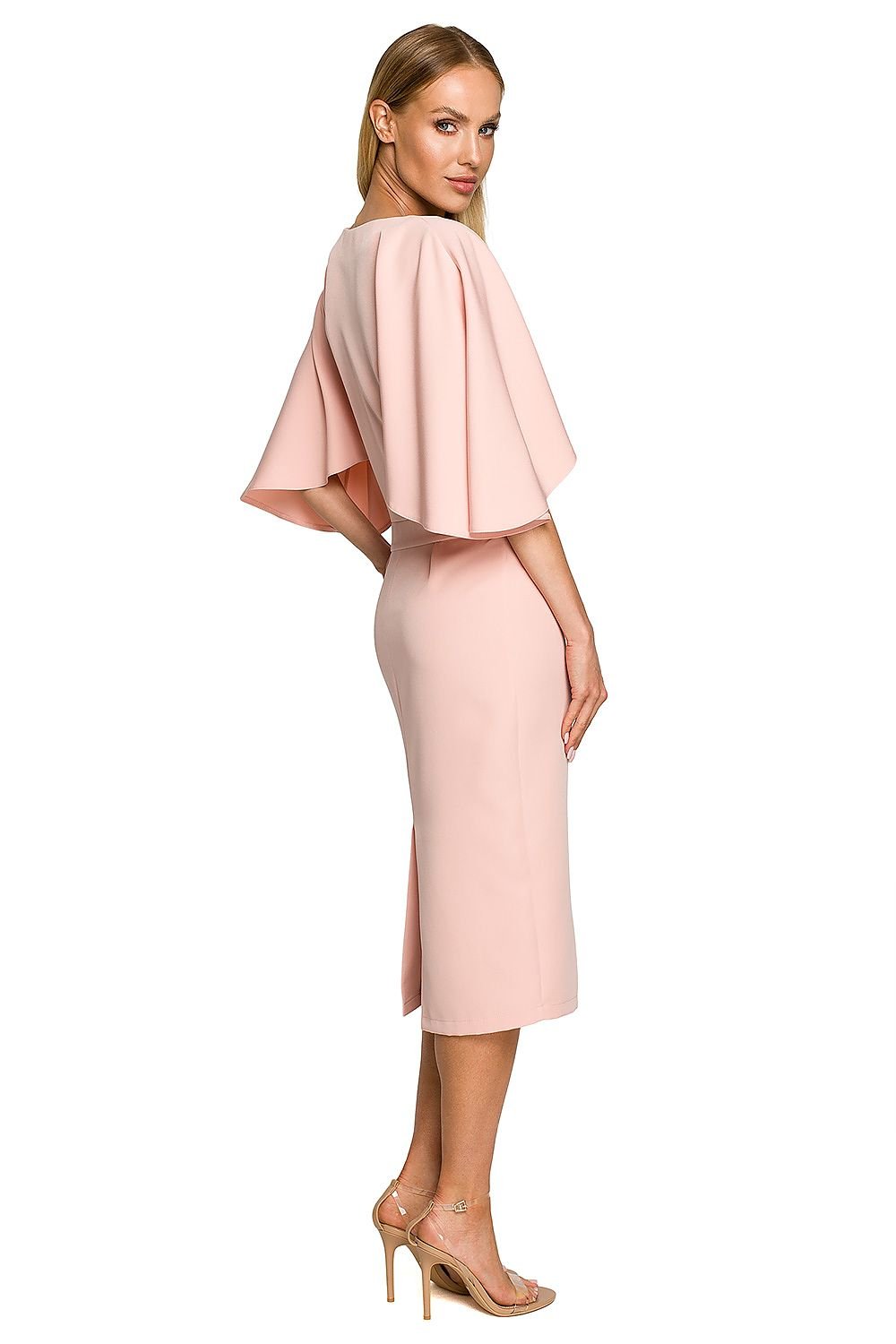 Knee-Length Dress with Ruffled Sleeves and Fitted Skirt