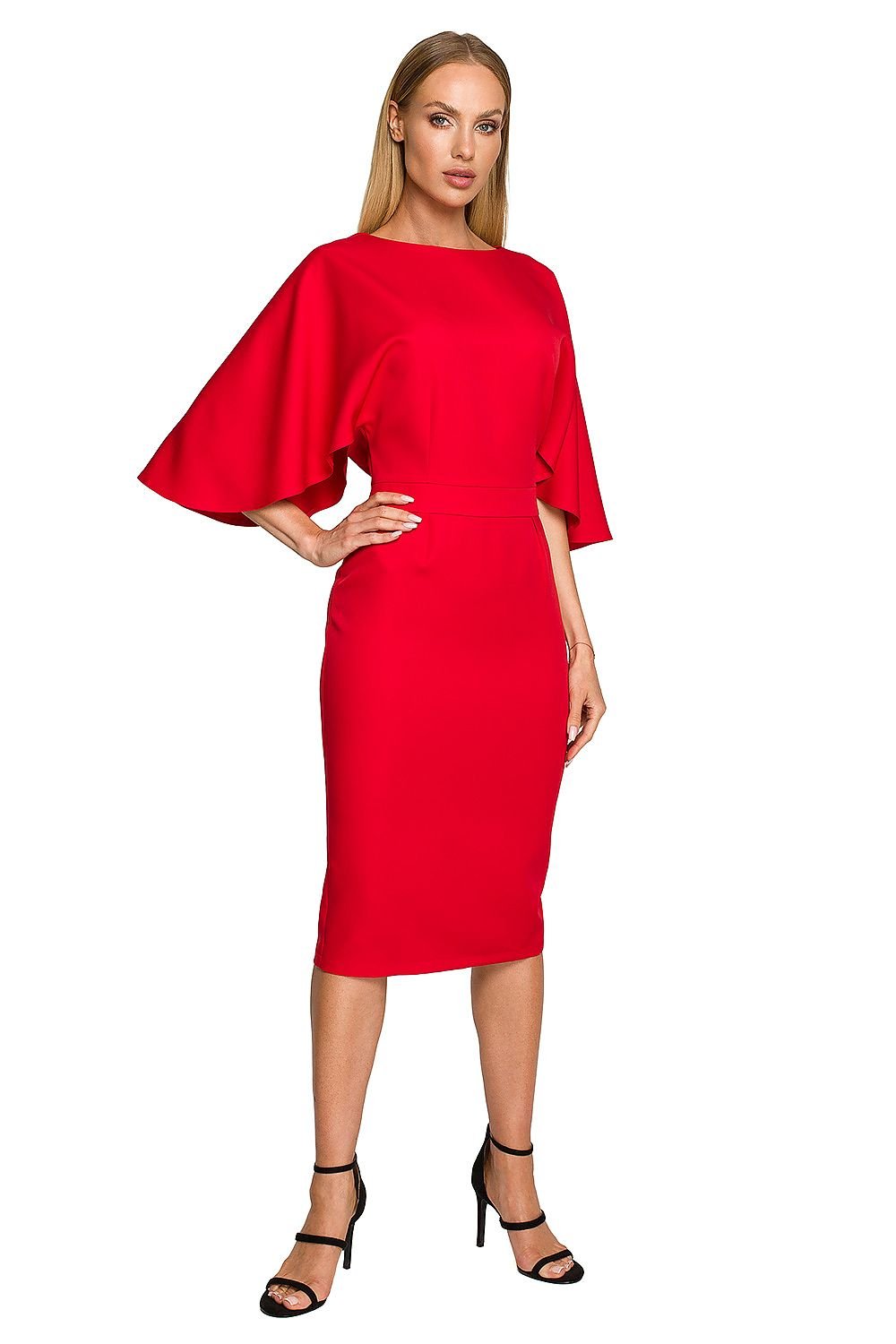 Knee-Length Dress with Ruffled Sleeves and Fitted Skirt