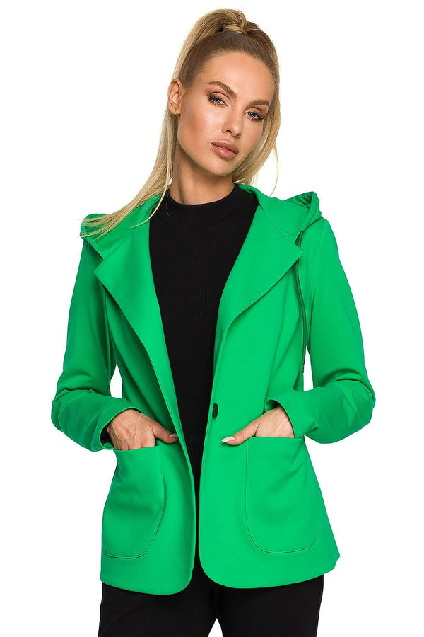 Knitted Jacket with Hooded Collar, Single Button Closure, and Front Pockets