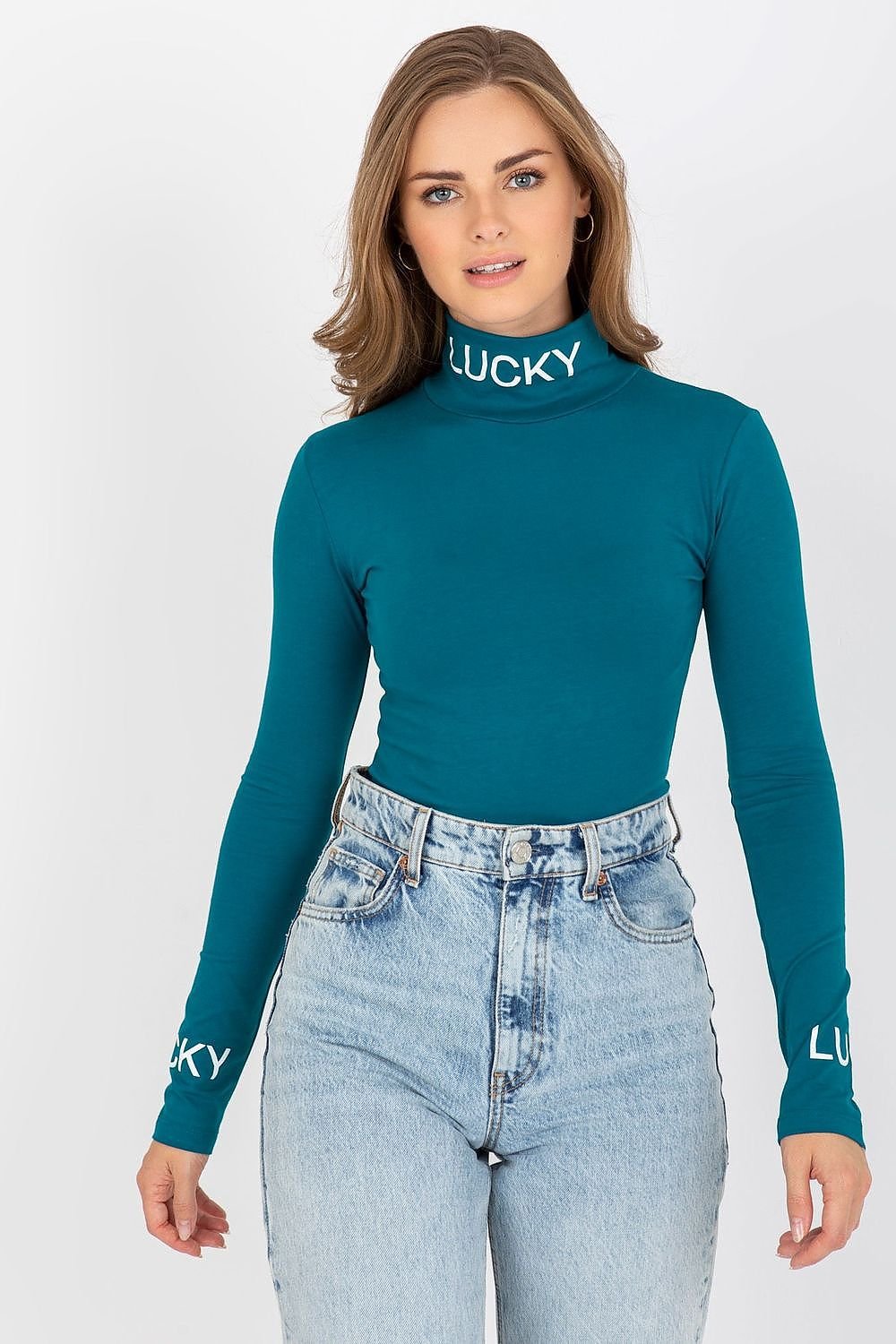 Fitted cotton blouse with long sleeves and a turtleneck, featuring contrasting lettering on the neckline and sleeves for a stylish touch.