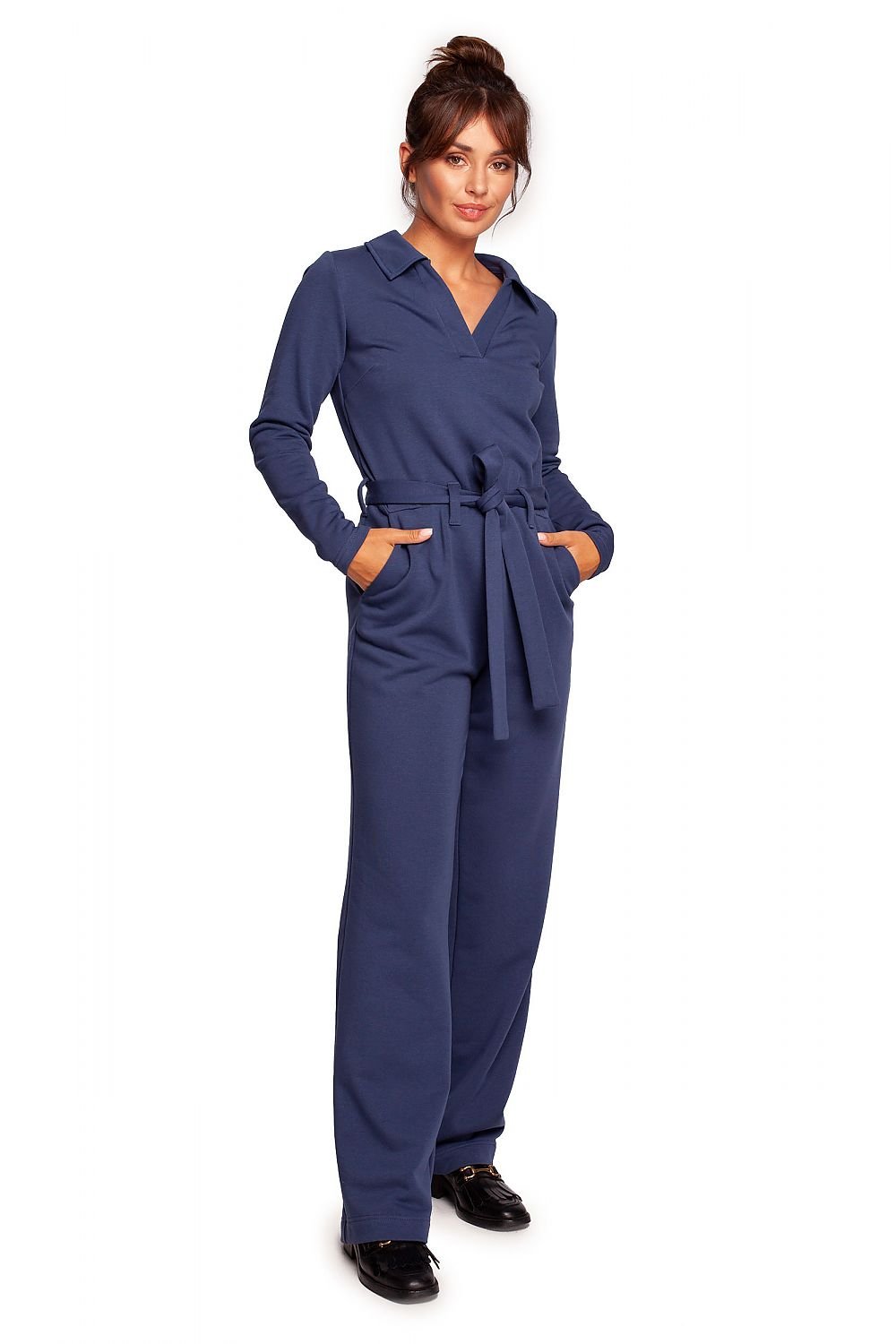 Elegant Wide-Leg Suit with V-Neck, Collar, and Stylish Belted Design