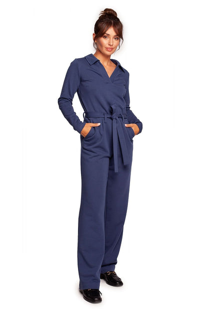 Elegant Wide-Leg Suit with V-Neck, Collar, and Stylish Belted Design