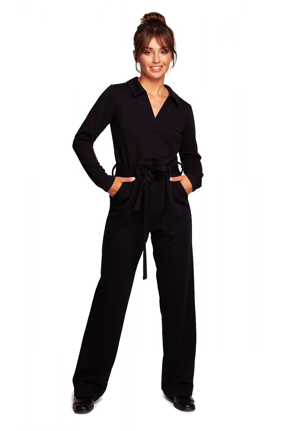 Elegant Wide-Leg Suit with V-Neck, Collar, and Stylish Belted Design