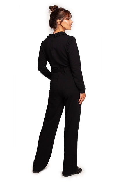 Elegant Wide-Leg Suit with V-Neck, Collar, and Stylish Belted Design