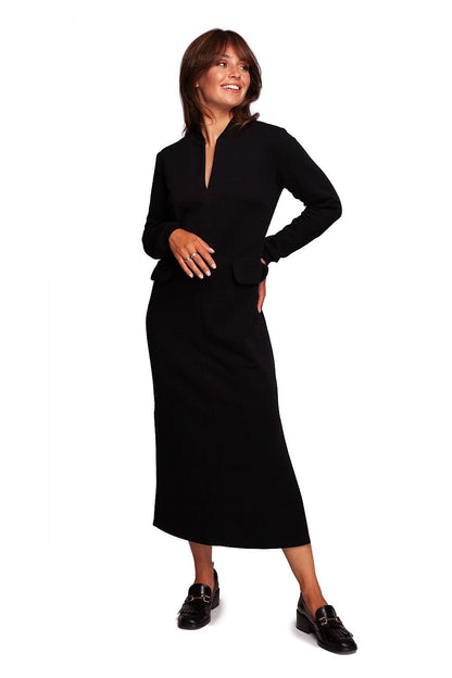 Maxi Dress with Front Slit, Decorative Flaps, and Subtle Neckline Cutout