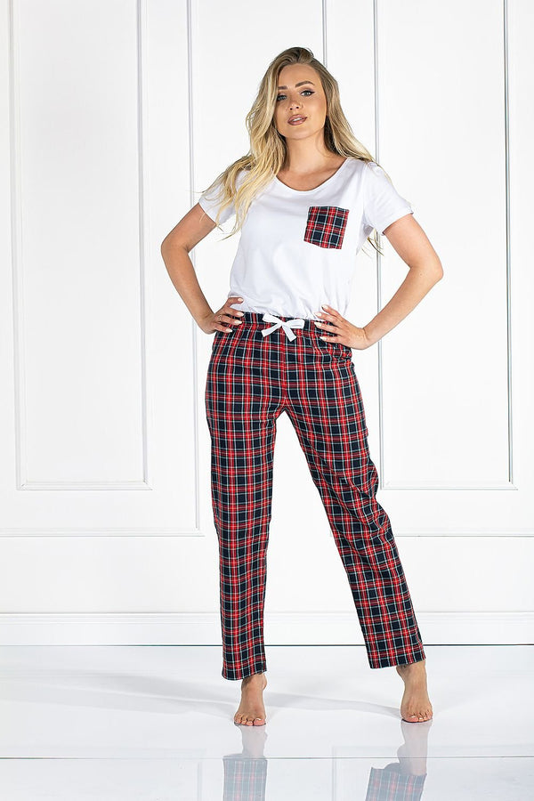 Women's 3/4 Sleeve Blouse and Checkered Shorts Pajama Set with Decorative Pocket and Bow