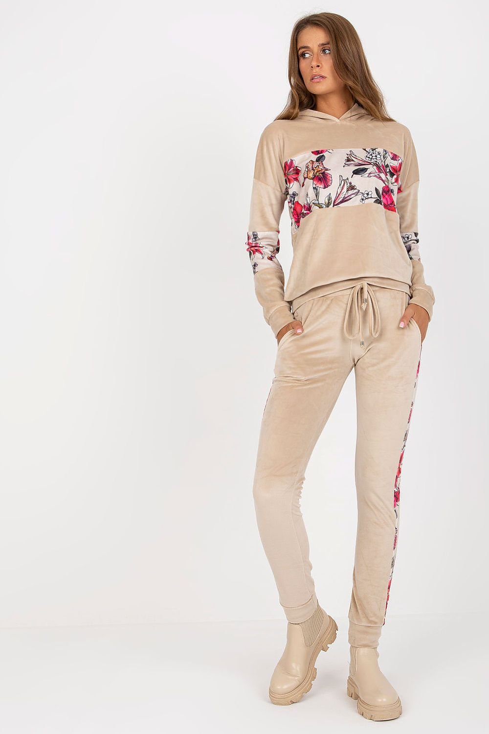 Women's Velour Sweatshirt and Pants Set with Floral Inserts