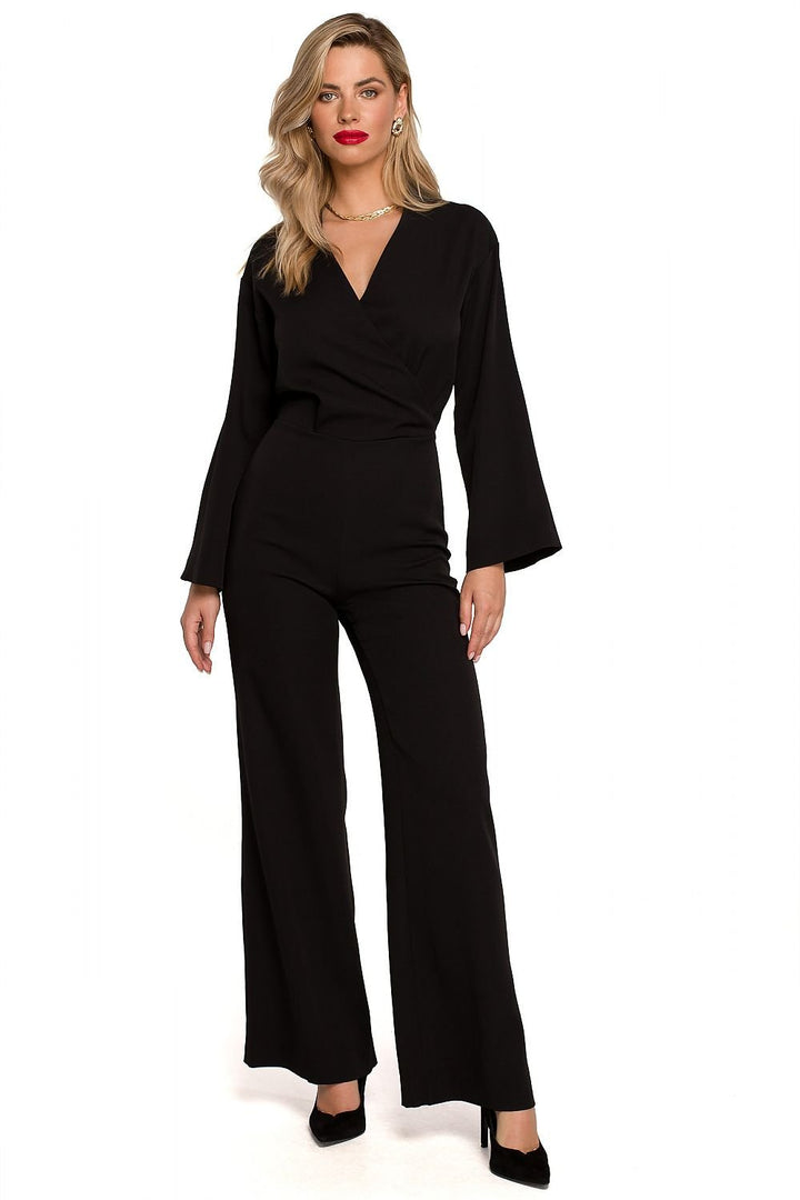 Elegant Wide-Leg Jumpsuit with Flared Sleeves and Overlap Neckline - Ludowika 