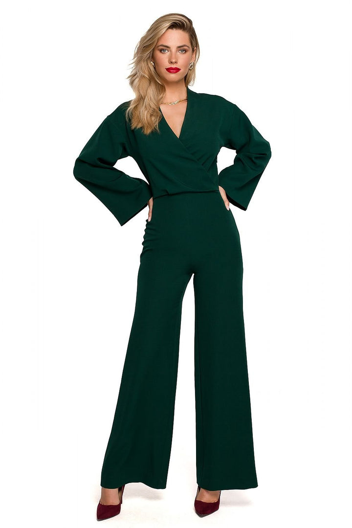 Elegant Wide-Leg Jumpsuit with Flared Sleeves and Overlap Neckline - Ludowika 