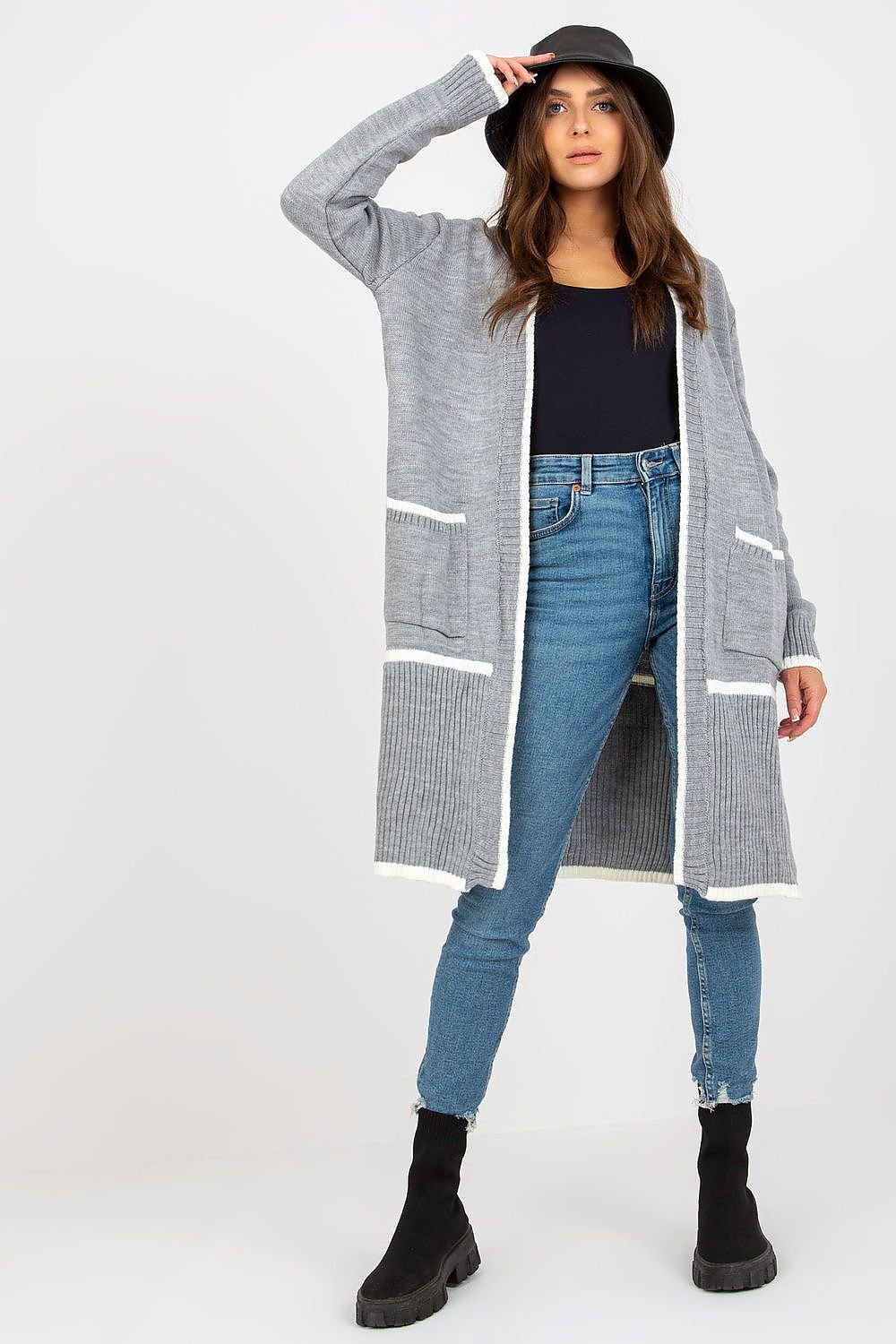 Cardigan déboutonné pour femme avec manches longues et grandes poches latérales