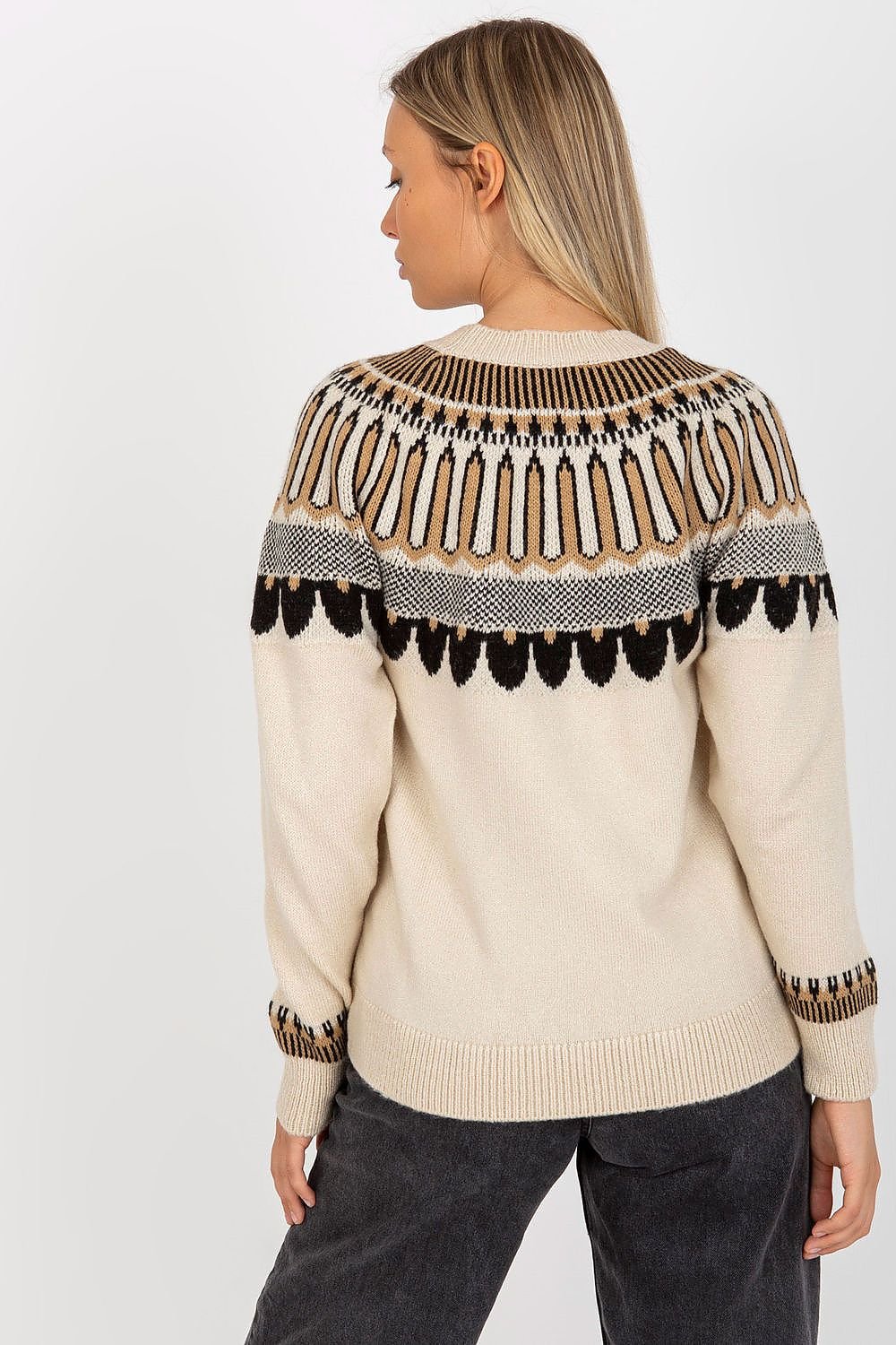 Women's Long Sleeve Sweater with Stand-Up Collar and Decorative Pattern