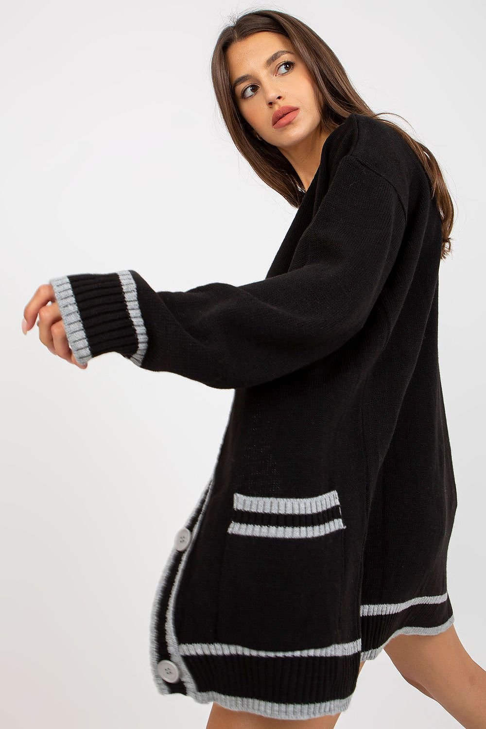 Long-Sleeved Cardigan with Button Closure and Contrast Trim