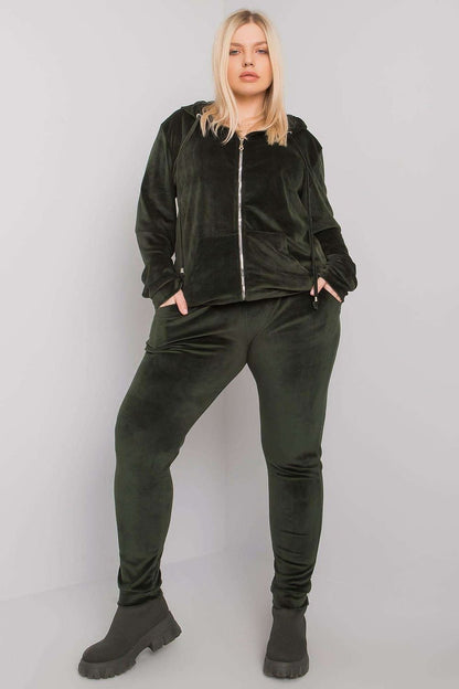 Plus-Size Velour Sweatshirt and Pants Set with Hood, Zipper, and Tie Waist