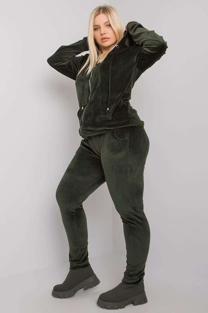 Plus-Size Velour Sweatshirt and Pants Set with Hood, Zipper, and Tie Waist