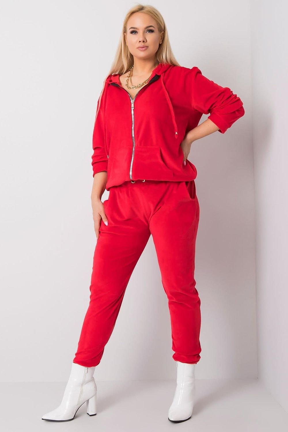 Plus-Size Velour Sweatshirt and Pants Set with Hood, Zipper, and Tie Waist