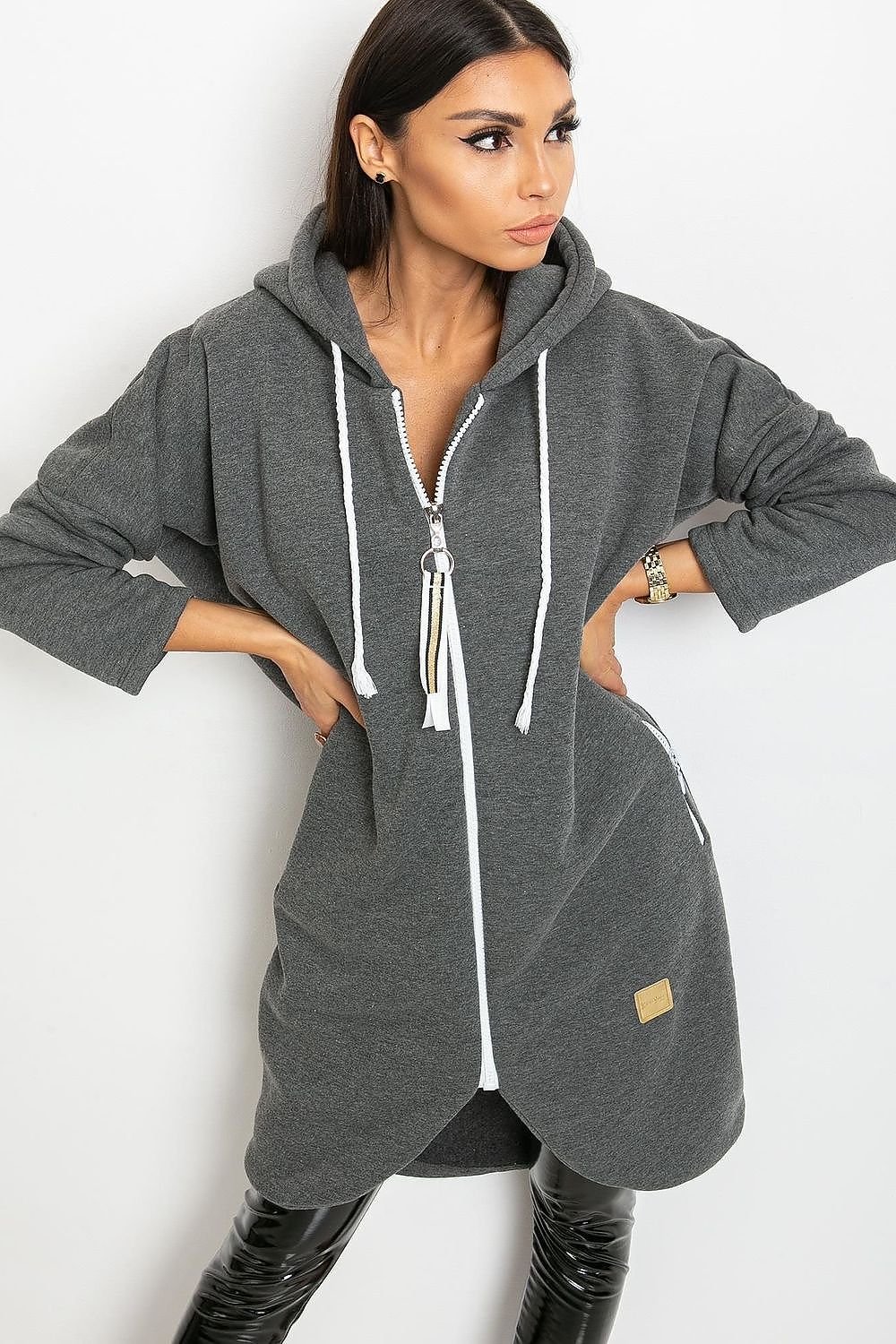 Extended Cut Zippered Hoodie with Zippered Side Pockets