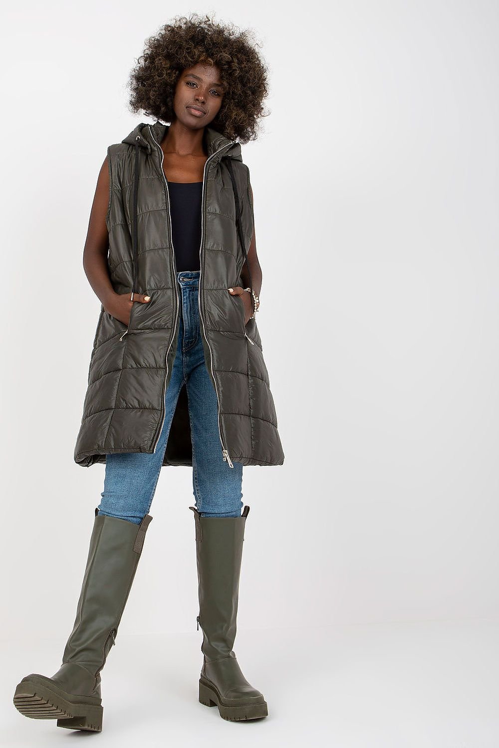 Quilted Down Vest with Extended Cut and Detachable Hood