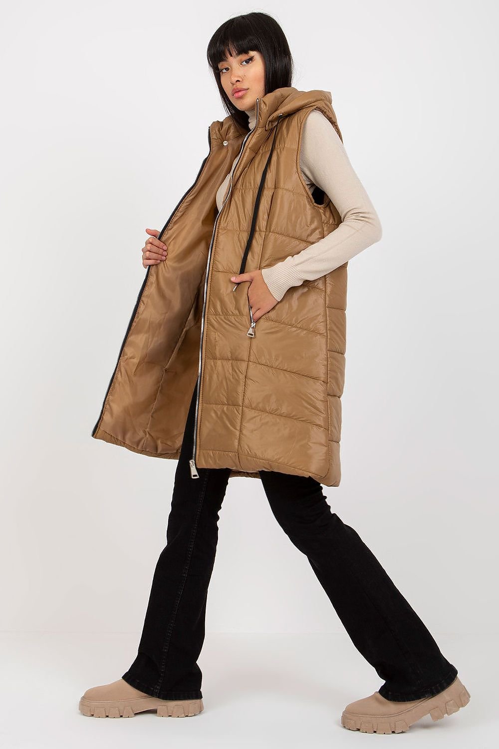 Quilted Down Vest with Extended Cut and Detachable Hood