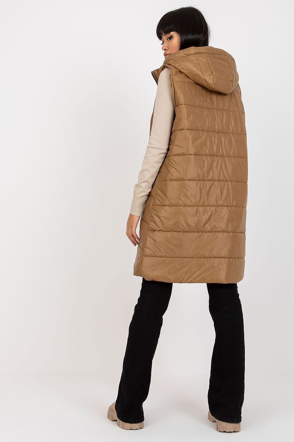 Quilted Down Vest with Extended Cut and Detachable Hood