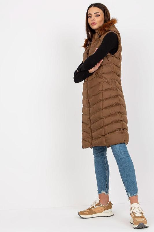 Long Down Vest with Zipper, Detachable Hood & Slide Pockets