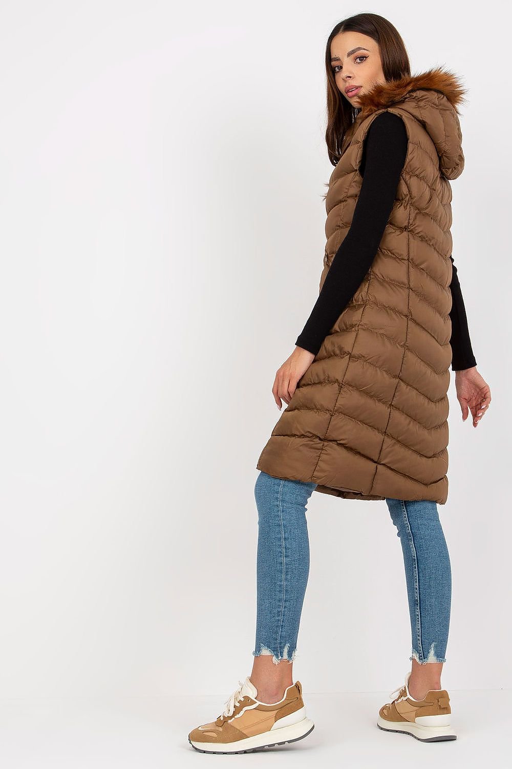 Long Down Vest with Zipper, Detachable Hood & Slide Pockets