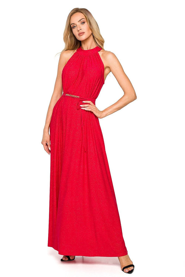 Convertible Brocade Maxi Dress with Halter Neckline and Tie Belt
