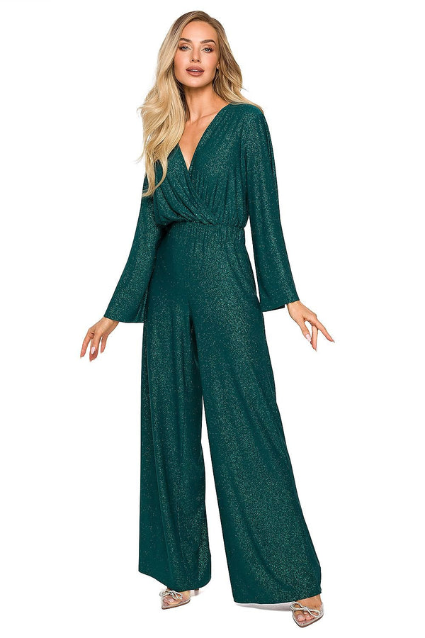 Elegant Brocade Jumpsuit with Wide Legs, Draped Overlap Neckline, and Shimmering Fabric
