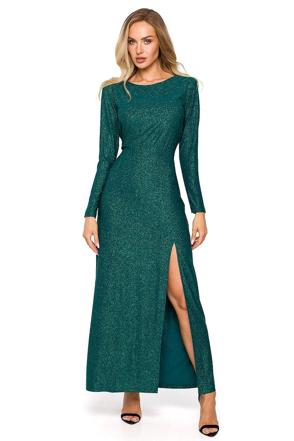 Elegant Brocade Maxi Dress with Leg Slit and Long Sleeves