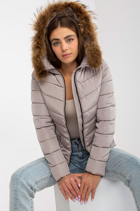 Hellbeige Pufferjacke für Damen mit Kapuze und Kunstpelzbesatz