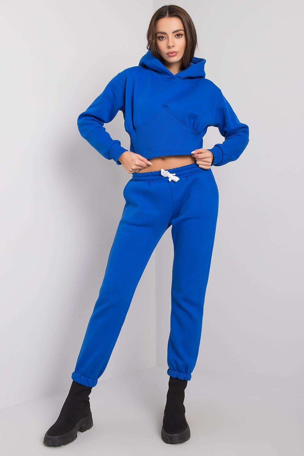 Comfortable and stylish blue color women's sweatshirt set featuring a short hoodie with long sleeves and a hood, paired with long pants that have a waist tie and slip pockets. Ideal for casual wear or lounging, offering a perfect blend of fashion and comfort.