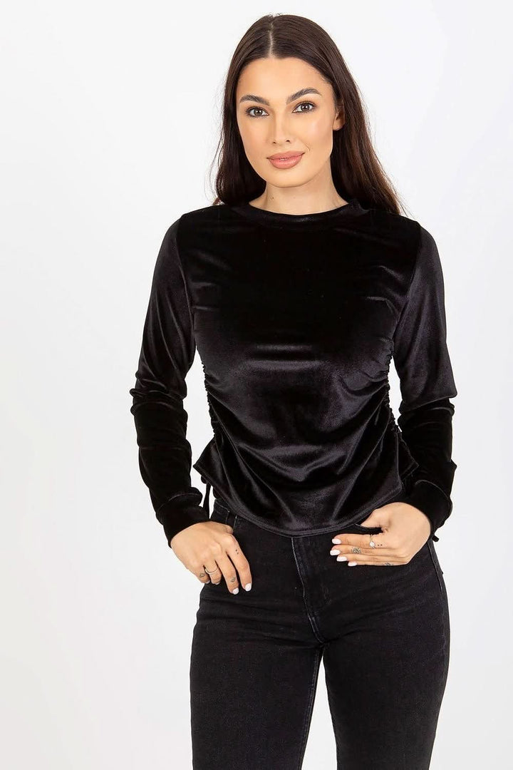 Short Velour Blouse with Long Sleeves, Round Neckline, and Adjustable Side Ties - Ludowika 