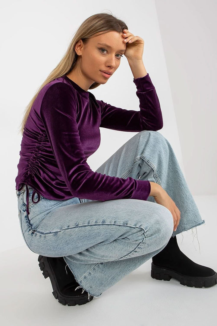 Short Velour Blouse with Long Sleeves, Round Neckline, and Adjustable Side Ties - Ludowika 
