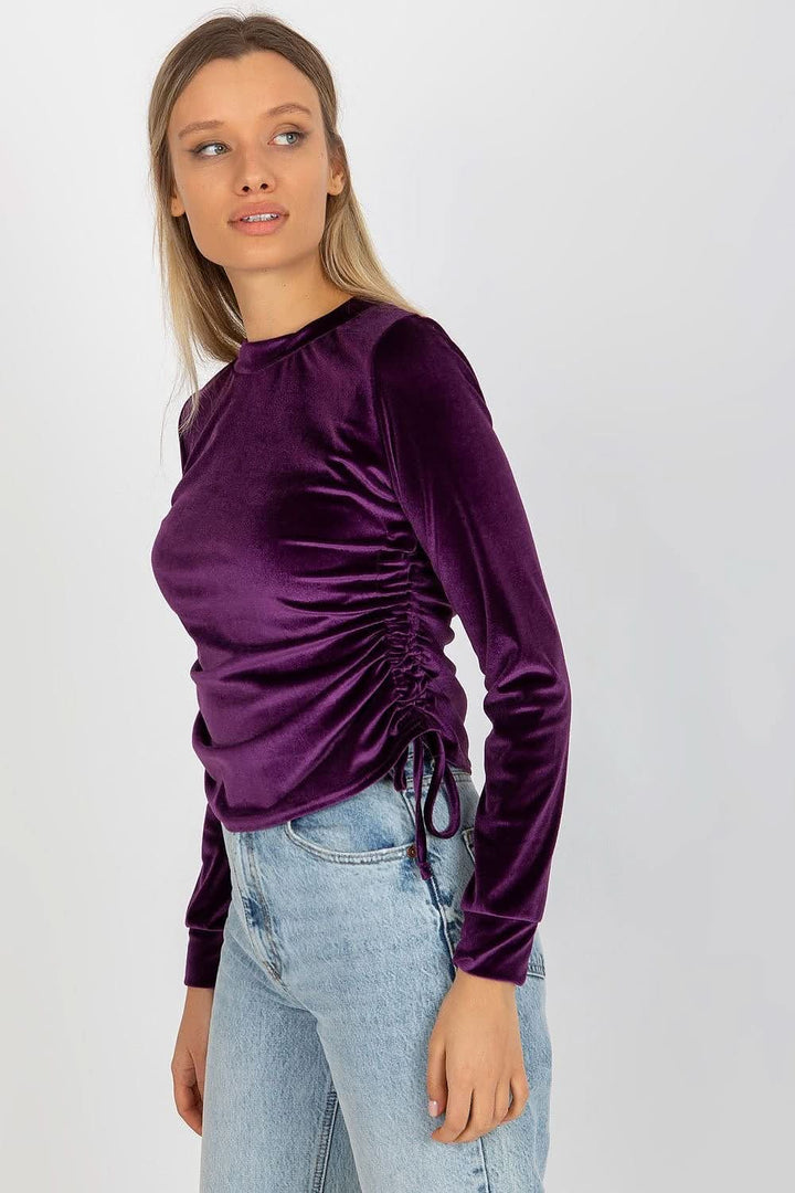 Short Velour Blouse with Long Sleeves, Round Neckline, and Adjustable Side Ties - Ludowika 