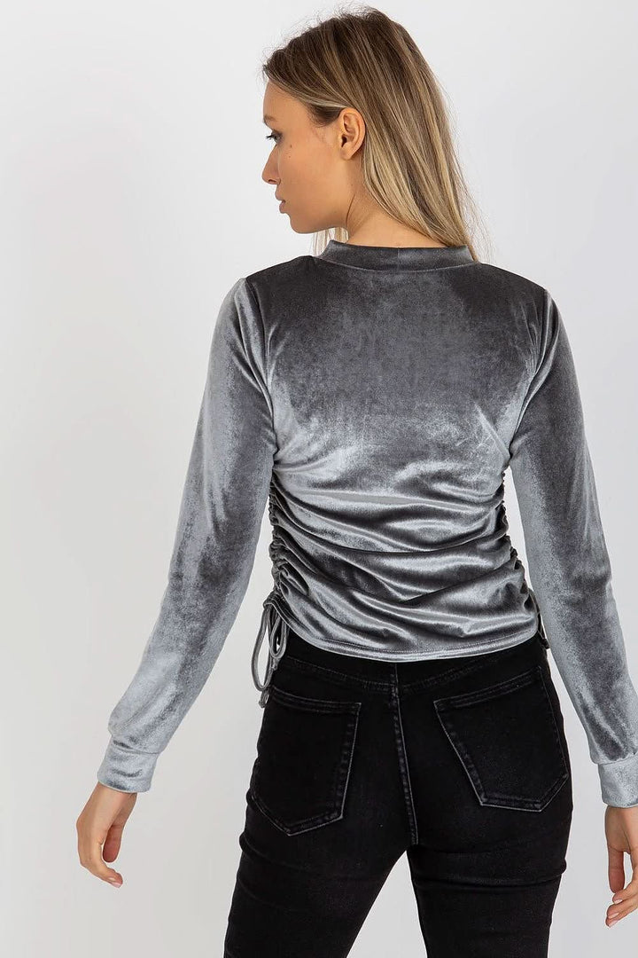 Short Velour Blouse with Long Sleeves, Round Neckline, and Adjustable Side Ties - Ludowika 